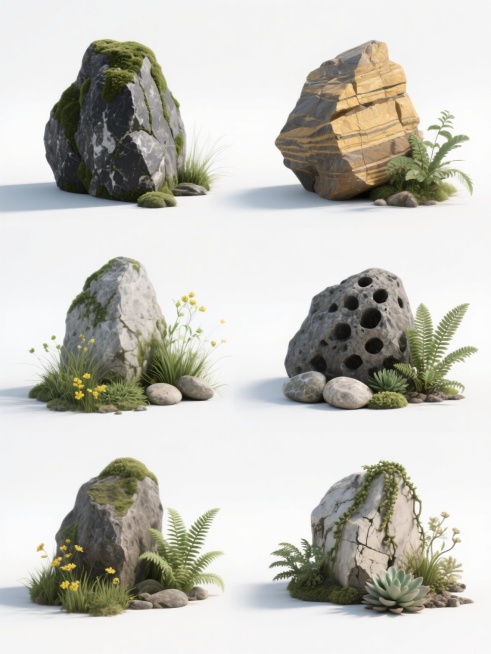 6个不同类型岩石与植物组合的3D渲染素材集合，保持写实主义风格，白色纯色背景，每块岩石具有独特的形状、纹理和颜色变化，包括表面覆盖青苔的灰黑色岩石、带有明显层理的黄褐色沉积岩、棱角分明的花岗岩、表面光滑的鹅卵石、多孔的火山岩以及带有侵蚀痕迹的石灰岩，每块岩石旁搭配不同种类的绿色植物，如丛生的细叶草、带有黄色小花的草本植物、低矮的蕨类植物、多肉植物、小型灌木和藤蔓，整体采用规整的网格排布，保持统……预览效果