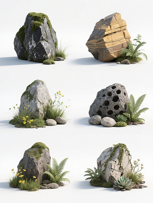 6个不同类型岩石与植物组合的3D渲染素材集合，保持写实主义风格，白色纯色背景，每块岩石具有独特的形状、纹理和颜色变化，包括表面覆盖青苔的灰黑色岩石、带有明显层理的黄褐色沉积岩、棱角分明的花岗岩、表面光滑的鹅卵石、多孔的火山岩以及带有侵蚀痕迹的石灰岩，每块岩石旁搭配不同种类的绿色植物，如丛生的细叶草、带有黄色小花的草本植物、低矮的蕨类植物、多肉植物、小型灌木和藤蔓，整体采用规整的网格排布，保持统一的顶侧光照明，清晰的阴影和高光细节，岩石表面有自然的凹凸质感和细微的颜色渐变，植物叶片具有真实的纹理和立体感，整体画面干净整洁，突出岩石与植物的自然组合形态