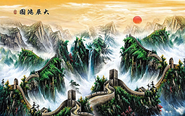 移除图中间的老鹰，用和原图一致的山水云雾风格填充老鹰移除后的区域，保留原画面其他所有内容、文字和风格不变，保持整体画面自然协调