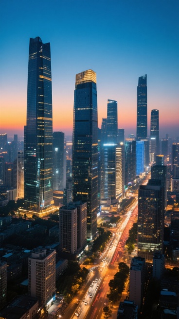 城市夜景，黄昏到夜晚的过渡时刻，高楼大厦林立，灯火璀璨，城市天际线，现代建筑，玻璃幕墙，金属质感，车流灯光，蓝色渐变天空，城市光污染，城市夜景，写实风格，高清细节，8K分辨率，超广角视角，城市全景，城市风光摄影，专业级摄影，高品质，杰作，最佳质量预览效果