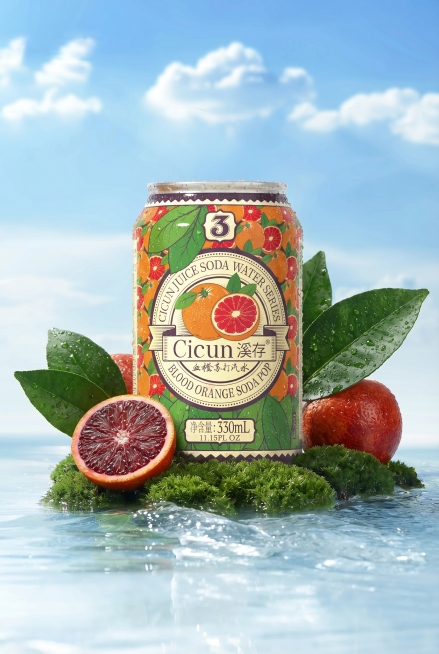 仿照图一的构图和光影，把图一中的瓶子替换为图二中的血橙苏打罐子，将原图的日向夏橘替换为切开的血橙，树叶替换为血橙叶子，保持罐身布满水珠，整体场景放在水面上，背景是蓝天白云，周围有绿色苔藓，保持原场景清预览效果