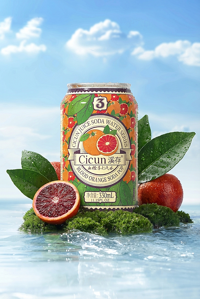 仿照图一的构图和光影，把图一中的瓶子替换为图二中的血橙苏打罐子，将原图的日向夏橘替换为切开的血橙，树叶替换为血橙叶子，保持罐身布满水珠，整体场景放在水面上，背景是蓝天白云，周围有绿色苔藓，保持原场景清新凉爽的氛围