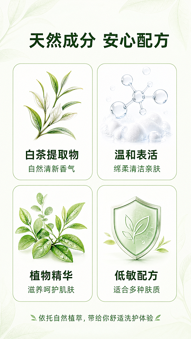 [第3屏] 详情页成分与香调机理解析页，花香白茶洗护套装。
[氛围/风格] 专业干净科研风，浅绿低饱和背景，突出成分天然感。
[元素布局] 顶部为主标题，中部为双行成分网格展示，每个成分区域配对应原料示意图，底部用小字补充说明。背景用浅淡白茶叶纹理作为底纹，不抢主体信息。不强制放置整瓶产品图，重点展示成分信息。
[光影质感] 整体均匀布光，文字与成分示意图对比清晰，柔和无硬阴影。
[配色色系] 全局底色：#F1F8F0（浅绿白）；文字颜色：#1B5E20（深绿）+ #2E7D32（中绿）；示意图边框：#C8E6C9（浅绿）。
[视角构图] 正面信息排版，从上到下标题→成分网格→说明文字，阅读逻辑清晰。
[文字版式] 顶部主标题「天然成分 安心配方」居中加粗深绿字，字号为画面宽度6%-8%。中部双行网格两行两列共四个成分区块，分别为：第一行第一块「白茶提取物 | 自然清新香气」，配白茶茶叶示意图；第一行第二块「温和表活 | 绵柔清洁亲肤」，配泡沫分子示意图；第二行第一块「植物精华 | 滋养呵护肌肤」，配绿叶示意图；第二行第二块「低敏配方 | 适合多种肤质」，配盾牌示意图。每个区块成分名加粗，说明文字常规字重。底部补充小字说明「依托自然植萃，带给你舒适洗护体验」，居中浅绿字。
[比例分辨率] 9:16竖版比例，4K分辨率，文字清晰可辨，超高清。
[负向提示词] 文字模糊不清，成分示意图变形，颜色过于鲜艳，背景杂乱，水印，文字错位。