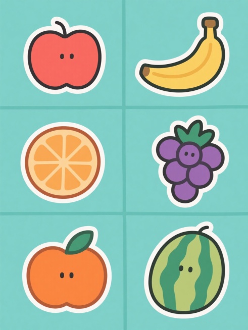 系列水果插画集合，六个不同水果（苹果、香蕉、橙子、草莓、葡萄、西瓜），每个水果均为卡通扁平风格，单一纯色背景（每个水果背景色不同但保持和谐统一色调），粗轮廓线条勾勒，内部填充均匀色块，无渐变无阴影，简洁明快的儿童插画风格，水果形态特征简化且易于识别，规整的网格状排布，整体画面干净清爽，色彩鲜明且对比度适中，符合扁平化设计美学预览效果