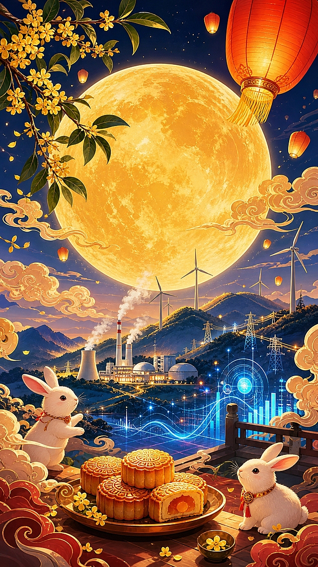中秋主题海报，整体色调明亮温暖、氛围喜庆祥和。画面主体为一轮巨大的金色满月，周围环绕中国传统中秋元素：祥云、孔明灯、桂花枝、玉兔、红灯笼。画面中巧妙融入发电公司元素：几座现代风力发电机矗立在远景山丘上，电厂烟囱冒出淡淡的白色蒸汽，画面一角有科技感的智能AI数据可视化光效与电路线条。整体风格为中国风插画结合现代科技感，色彩以金、红、暖橙、深蓝为主，构图饱满，节日氛围浓厚，画面中不出现任何文字。