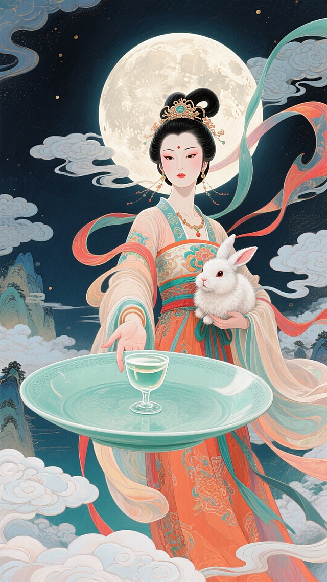 缠着精美汉服的嫦娥上半身近景特写，右手拿着巨大的青瓷圆盘，伸向前面，里面有白酒，左手抱着毛茸茸的玉兔，人物看向前方，强烈的仰视透视感，广角镜头，背景是缀着圆月的深色夜空，流云。