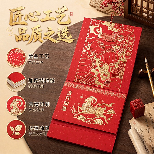 [主图-2] 2027羊年中国红烫金挂历 材质工艺卖点图。
[统一基调] 喜庆中国风 高端烫金质感 新中式家居氛围 背景主色为暖米白+中国红点缀 标题字色为烫金+中国红 辅助字色为深棕 字体为大气书法体+简洁黑体 整体温暖喜庆有年味。
[画面] 挂历为事事如意款，45度斜视角展示，完整保留挂历三段式结构：上半部分事事如意柿子图案、中间吉祥如意羊年烫金图案、最下方红色广告位区域全部可见，主体占比约60%，放置在深棕色木质桌面上，旁边有金色毛笔、红色印章、宣纸等文房四宝作为陪衬。画面左侧和下方分布4个圆形图标卖点，分别对应烫金工艺、加厚纸张、清晰印刷、环保油墨，每个图标旁有简短文字说明。挂历表面烫金凹凸质感清晰可见，纸张厚度通过侧面展示。
[光影质感] 商业摄影质感 柔和顶光+侧光 突出烫金部分的金属立体感和纸张纹理 桌面有柔和接触阴影 整体光线均匀有层次。
[配色] 中国红+烫金色为主 深棕木色为背景 米白宣纸点缀 整体高级有质感。
[文字版式] 顶部主标题烫金大字"匠心工艺 品质之选" 下方四个卖点分别为"烫金工艺 凹凸立体""加厚特种纸 挺括耐用""高清印刷 色彩饱满""环保油墨 安全无异味" 文字排版整齐不遮挡主体。
[输出要求] 比例1:1 文字清晰可读 产品清晰完整 挂历底部广告位区域必须完整保留 无变形 无错字 无模糊 无杂乱背景 无水印 无平台Logo。