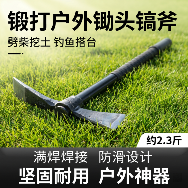 [主图 1] 锻打户外锄头镐斧产品首图。
[氛围风格] 户外实用风，突出产品坚固耐用，拼多多平台直白高性价比风格。
[画质] 商业摄影质感、光线明亮通透、产品清晰真实、画面干净高级。
[元素] 黑色钢预览效果