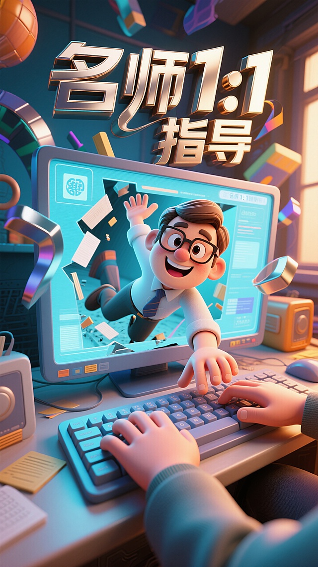软3D风卡通设计，科技感十足，波普艺术色彩，展现名师1:1指导的互动场景。