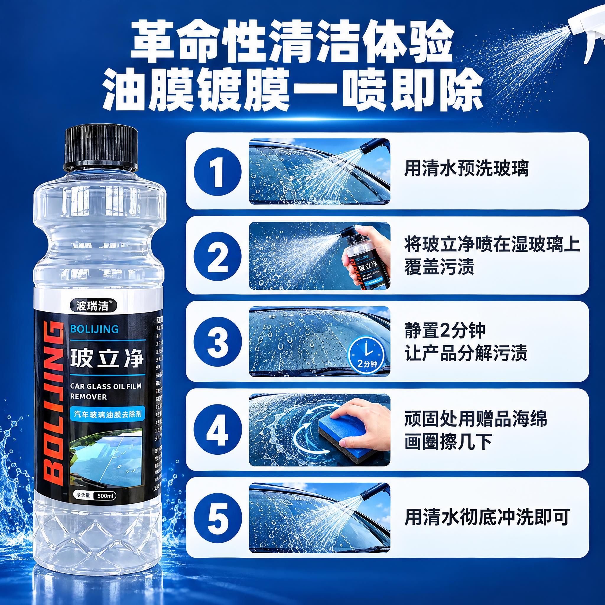 [主图-3] 抖音电商汽车玻璃油膜去除剂使用步骤说明图，五步操… - 图片创意预览