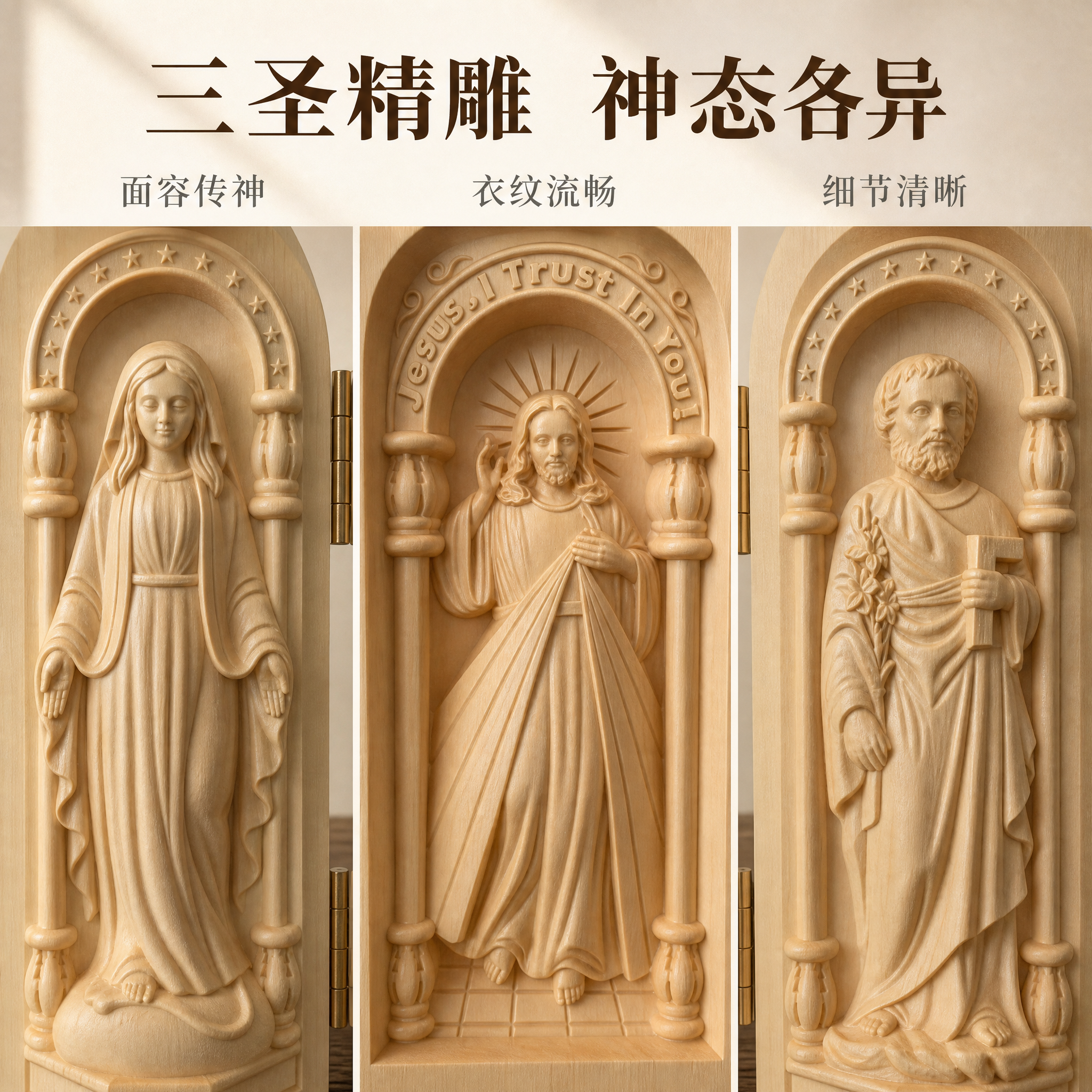[主图-4] 人物细节特写图：三格并列微距展示三扇面板上的人物… - 图片创意预览