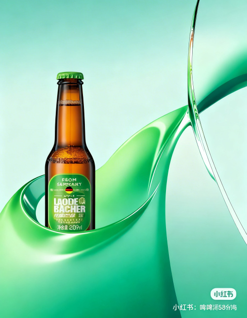 将啤酒瓶融合到绿色渐变曲线背景中，制作一张网感满满的小红书啤酒种草封面，构图简洁有吸引力，突出产品预览效果