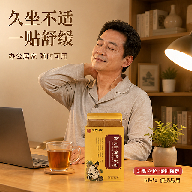 [主图-4] 筋骨平痛保健贴使用场景 居家办公舒缓不适。
[氛围风格] 真实居家生活场景，温馨舒适，暖黄棕主色调延续；
[画质] 商业摄影质感、光线柔和通透、产品清晰真实、画面干净高级。
[元素] 画面展示一位中年男性（东亚面孔，符合国内平台人群）坐在家中木质书桌前，身穿浅灰色家居服，右手扶着后颈表现出颈部不适缓解后的放松状态，左肩颈部位置隐约可见贴剂边缘（衣物下不直接裸露皮肤）。书桌上摆放着筋骨平痛保健贴产品盒（打开状态，可见里面的贴剂）、一杯热茶、一台笔记本电脑、一盆小型绿植。背景为温馨的居家书房环境，浅木色书架上有几本书和装饰摆件，暖黄色台灯照亮桌面。**保持产品盒外观（即物理结构、材质质感、颜色）与输入产品图一致，杜绝任何变形和色差，精细化处理**。商品主体占比约25%；画面满屏无边框。画面禁止出现多余的手、多余的手指、畸形手、融合手指、手部扭曲、肢体穿模、人物面部扭曲、关节反折。
[光影] 右侧台灯暖光为主光源，照亮桌面产品和人物上半身，背景柔和虚化；整体暖黄色调，营造居家温馨舒适的氛围。
[配色] 主色暖木色+米白墙面；辅色深棕（家具）、暖黄（灯光）；产品色土黄+棕色自然融入。
[视角构图] 平视微侧视角，人物与桌面产品为视觉中心；中景清晰，背景虚化有层次感。
[文字版式] 左上负空间左对齐留安全边距。大字主文案"久坐不适 一贴舒缓"，深棕色粗体宋体；下方辅助短句"办公居家 随时可用"，约半高、同色略浅。右下产品旁小标签"贴敷穴位 促进保健"，朱红底白字圆角。底部右侧"6贴装 便携易用"，深棕色小号字。
[输出要求] 1:1比例，文字清晰锐利，画面超高清商业摄影质感。
[负向提示词] 变形，文字错乱，产品图模糊，背景杂乱，水印，电商平台Logo，医疗治疗宣称，绝对化用语，多余手指，手部畸形。