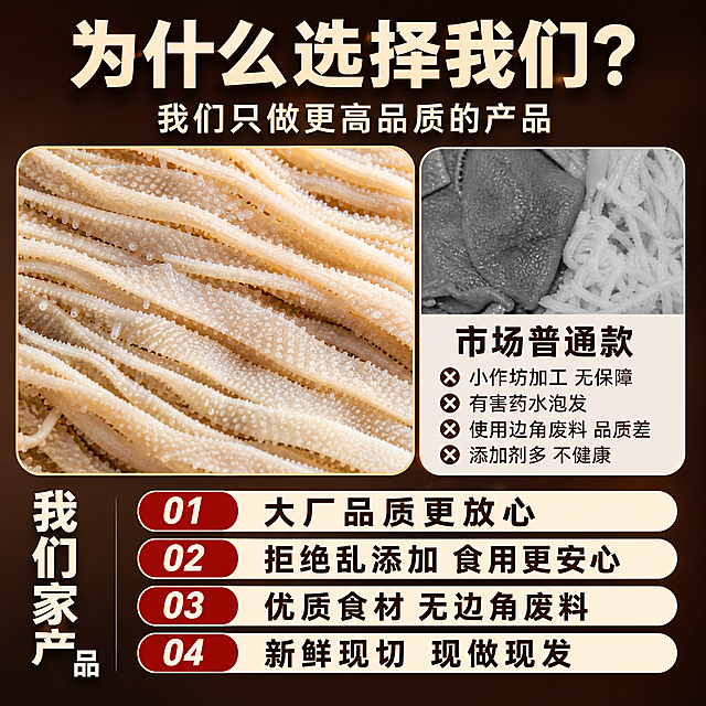 [单张主图] 新鲜白千层肚，爆款促销感主图，复刻参考图的对比版式，突出我们产品品质优势。
[参考比对] 参考图采用上下结构，顶部大标题，中部左右分栏对比产品差异，底部罗列产品卖点。整体深棕色暖调背景，文字清晰对比强烈。移除顺丰包邮标识，润色优化所有文字内容。
[画面主体] 左侧对比区域放置用户实拍的新鲜白千层肚，产品色泽为本色浅米白，纹理清晰，保持产品外观、颜色、结构与输入产品图绝对一致，杜绝任何变形和色差，精细化处理。主体占比约60%，左右分栏清晰区分我方产品与市场普通款。
[构图版式] 采用参考图已有的顶部大标题+中部左右对比+底部卖点陈列版式。
[场景元素] 深棕色渐变背景，画面干净突出产品对比，无多余干扰元素。
[文案版式] 顶部大字：为什么选择我们？小字副标题：我们只做更高品质的产品
中部右侧对比区域：市场普通款 小标题列出：小作坊加工 无保障、有害药水泡发、使用边角废料 品质差、添加剂多 不健康
左下角竖排大字：我们家产品
底部卖点依次列出：01 大厂品质更放心、02 拒绝乱添加 食用更安心、03 优质食材 无边角废料、04 新鲜现切 现做现发
文字层级分明，主标题最大，卖点标题其次，说明文字最小，深底浅字对比清晰。
[光影质感] 主光均匀照亮产品和文字，阴影柔和，产品纹理清晰可见，商业摄影质感，画面清晰通透。
[配色字体] 主色调深棕色背景，文字米白色，卖点标签红底白字，整体暖调配色。字体采用粗体无衬线，对比强烈醒目。
[比例分辨率] 1:1 比例，2k 分辨率，文字清晰可辨，超高清。
[负向提示词] 变形，水印，错字，糊字，主体遮挡，背景杂乱，低清晰度，错误结构