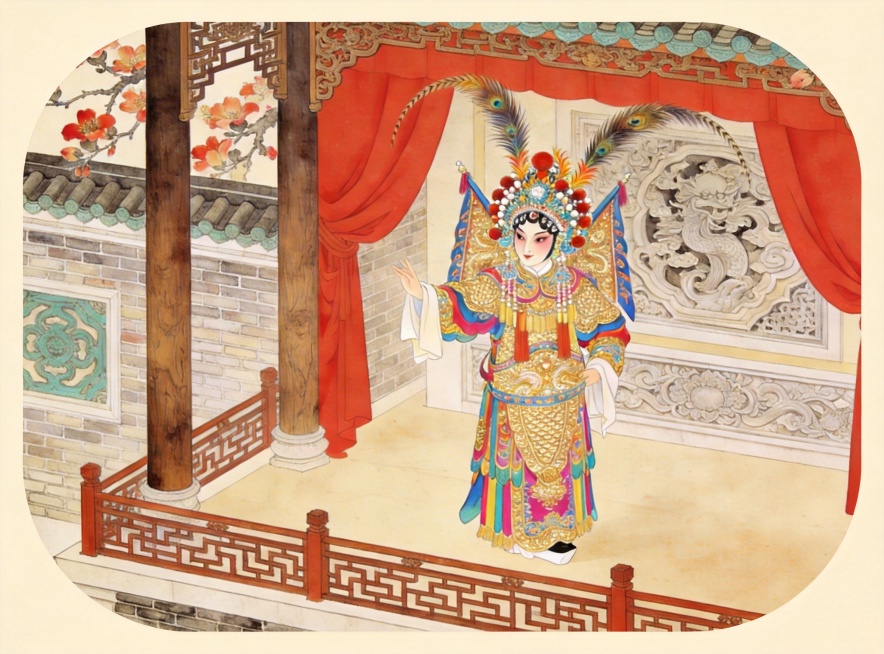 将这张粤剧人物绘画的四个角修改为圆角，保持画面所有内容、工笔画风格和尺寸比例完全不变预览效果