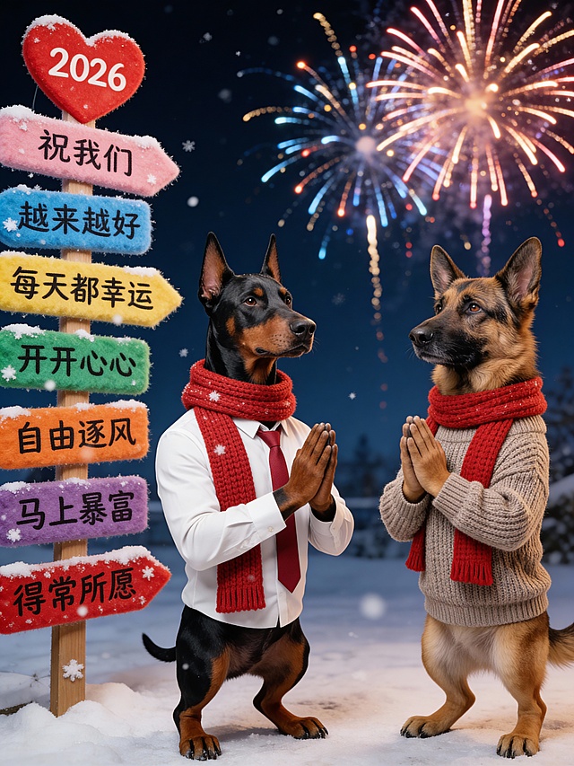 拟人风3D角色，毛发生长细节精致，粒子烟花绽放夜空，喜庆温馨梦幻交织，雪中双犬合十祈愿，新年祝福跃然眼前。