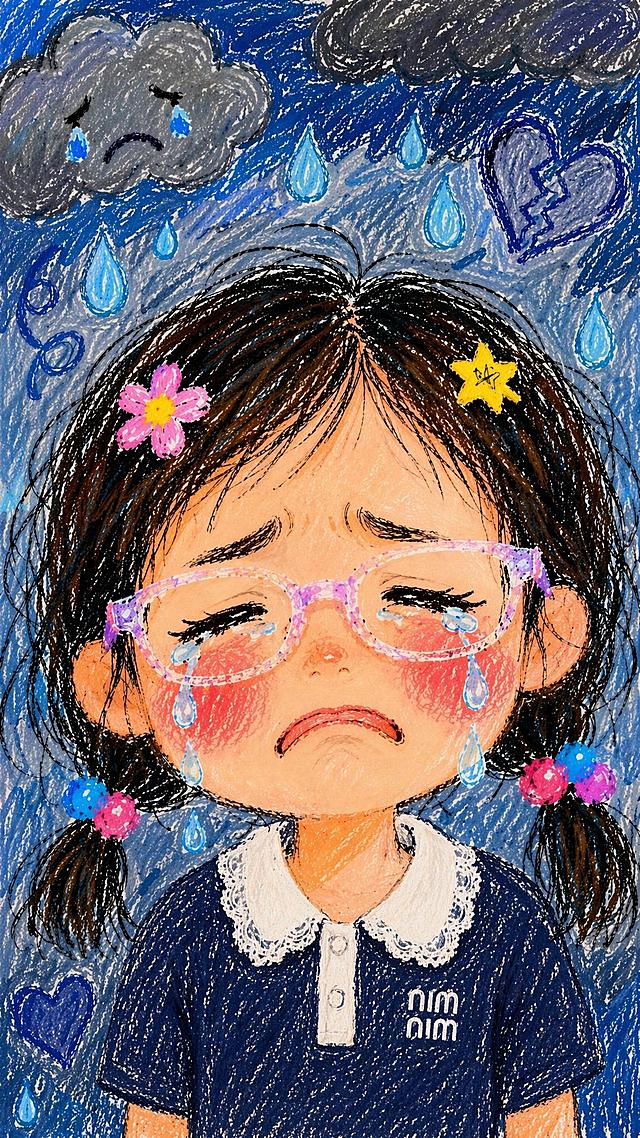 保持人物、表情、发型、背景和蜡笔手绘风格完全不变，只将小女孩的衣服替换为藏青色短袖polo衫，带有白色蕾丝花边娃娃领，领口有白色门襟纽扣设计，左胸口有白色nim字母logo，衣服用蜡笔质感绘制，与整体画风统一