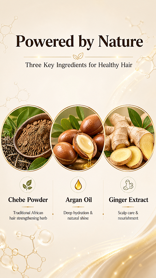 [第2张] 核心成分机理页 - Chebe Powder + Argan Oil + Ginger 三大核心成分解析。本张为成分专页，无需产品外观垫图，以成分元素为主视觉。
[氛围/风格] 科研天然成分风，高级实验质感，温暖大地色系，专业可信，跨境电商风格。
[元素布局] 画面分为上中下三层。上层：大号主标题区；中层：三大成分圆形卡片横向排列，每个卡片占画面约25%宽度，卡片内为成分原料大图（Chebe粉末+叶片、摩洛哥坚果、生姜根茎），成分元素放大占主画面；下层：对应功效说明文字区。背景为浅米色渐变，点缀细微分子结构线条和金色光晕。
[光影质感] 均匀柔光，成分原料真实质感，颗粒清晰，整体明亮专业。
[配色色系] 全局底色 #F5EFE6（温暖米杏色）；主色深棕色 #3D2914；辅助色金色 #C89B5C + 橄榄绿 #7A8B5F + 奶油白 #FAF7F2。
[视角构图] 正面平视，三栏式对称构图，阅读动线：顶部标题 → 中部三成分卡片 → 底部功效说明。
[文字版式] 顶部主标题「Powered by Nature」，副标题「Three Key Ingredients for Healthy Hair」。三个成分卡片下方分别标注：「Chebe Powder - Traditional African hair strengthening herb」「Argan Oil - Deep hydration & natural shine」「Ginger Extract - Scalp care & nourishment」。卡片为圆形金边设计，成分原料大图充满圆形区域。所有文字英文，清晰易读。
[比例分辨率] 9:16 竖版比例，4K分辨率，文字清晰可辨，高清画质。
[负向提示词] 中文文字，水印，文字错乱，成分图片模糊，布局混乱，颜色偏差，医疗图标，夸大承诺。