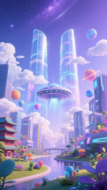 画面是成都的双子塔就，带发光效果，中间是一个UFO，。周围有成都版未来感城市建筑、彩色星球、云、奇特植物，背景是星空，低饱和蓝紫色调预览效果