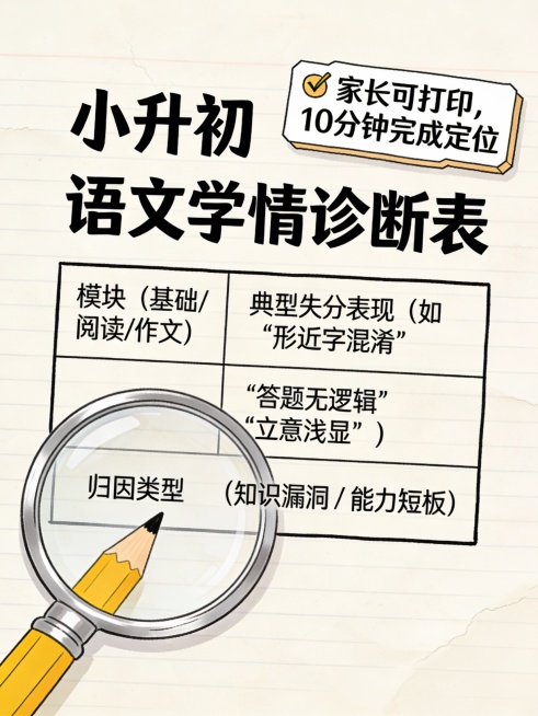 一张3:4手绘风插画，背景为米白色笔记本纸纹，中央展示《小升初语文学情诊断表》局部。表格包含三栏：“模块（基础/阅读/作文）”“典型失分表现（如‘形近字混淆’‘答题无逻辑’‘立意浅显’）”“归因类型（预览效果