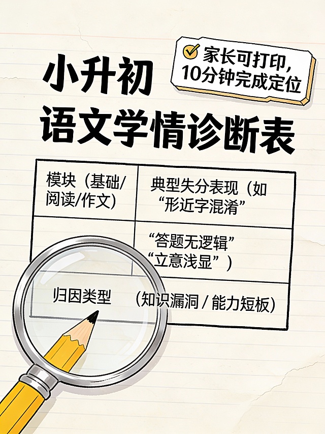 一张3:4手绘风插画，背景为米白色笔记本纸纹，中央展示《小升初语文学情诊断表》局部。表格包含三栏：“模块（基础/阅读/作文）”“典型失分表现（如‘形近字混淆’‘答题无逻辑’‘立意浅显’）”“归因类型（知识漏洞 / 能力短板）”。右上角贴纸标注：“✅ 家长可打印，10分钟完成定位”。左下角有铅笔和放大镜插画，整体风格真实、简洁、有教育感，文字清晰可读。