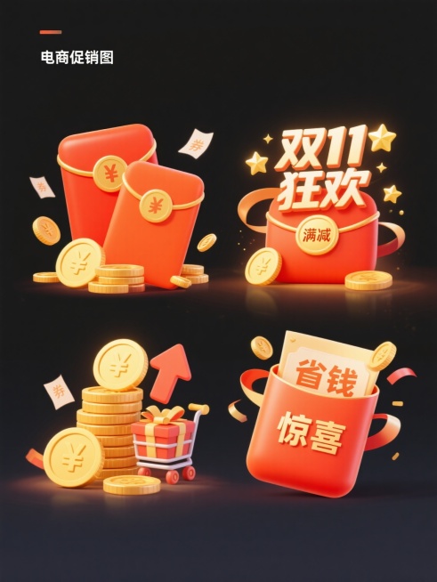 一套4个规整排布的电商促销素材，保持原素材的明亮卡通插画风格，主色调为橙红色与金色渐变，光影柔和有立体感，物体边缘圆润光滑。第一个为原素材：两个橙红色传统红包，搭配金色圆形封口，下方堆叠着带有"¥"符号的金色硬币，散落着"券"字小纸片和飞舞的金币。第二个变体：红包和金币旁添加"双11"艺术字，背景融入闪烁的金色星星和"狂欢"字样。第三个变体：红包上装饰"满减"标签，金币堆旁增加向上的箭头和"省……预览效果