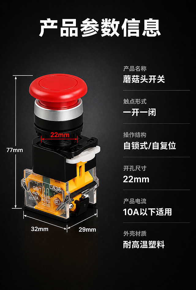 [商品] 使用【图1】红色蘑菇头按钮产品素材（黄色透明触点底座款）；保持约30度俯视斜角，完整保留红色蘑菇头、银色金属环、黑色基座、黄色透明触点块的原貌。商品处理：仅擦除黄色透明触点块左上角的"CHKL"四个大写字母、以及透明块底部一行的"浙江凯蓝电气科技有限公司"公司名小字，擦除后用周围透明塑料纹理自然填补；其余丝印文字必须像素级原样保留、位置完全不变，严禁重绘、移位、变形，包括：透明块上的"LA38"字样、"GB/T"、"440V"、"Ith:10A"、"AC-15"、"DC-13"参数、圆形CCC 3C认证标志。
[画面] 目标为淘宝详情页产品参数信息图，专业展示尺寸与参数。主标题"产品参数信息"顶部居中排列，白色超大粗黑体。画面为左图右表结构：左侧约55%区域放红色蘑菇头按钮，按钮四周重新画尺寸标注线——左侧竖线标"77mm"总高、黑色螺纹处红色横线标"22mm"安装孔、底部两条横线分别标"32mm"和"29mm"，尺寸线用细白线加两端箭头，22mm那条用红色突出。右侧约45%区域从上到下排列六项参数，每行左边是灰色小字标签、右边是白色大字参数值，行与行之间用细深灰线分隔，左对齐。四周留40px安全边距。
[视觉] 套系策略：风格=专业科技暗调、参数表沉稳感；标题字=现代粗黑体；正文字=简洁无衬线体；主色=深炭黑#121212；背景延展=整体为深炭黑#121212的暗调背景，带极淡的径向渐变（中心略亮），画面专业沉稳；强调色=红色#E53935（22mm尺寸线突出）；标题色=白色#FFFFFF；参数标签色=中灰#9E9E9E；参数值色=纯白#FFFFFF；分隔线色=深灰#333333；尺寸线色=白色#FFFFFF；组件=细白线尺寸标注带两端箭头、参数行分隔线；光影=暗调中心聚光，产品带柔和轮廓光和投影，金属环有高光。
[文字] 顶部居中：主标题"产品参数信息"白色超大粗黑体；左侧产品尺寸标注："77mm"总高竖线白字、"22mm"安装孔横线红字、"32mm""29mm"底部横线白字；右侧参数表六项左对齐：产品名称/蘑菇头开关、触点形式/一开一闭、操作结构/自锁式/自复位、开孔尺寸/22mm、产品电流/10A以下适用、外壳材质/耐高温塑料，标签中灰色、参数值白色，行间细深灰分隔线；所有文字横向排版，清晰锐利、无乱码、无缺笔，移动端可读。
[规格] 图片尺寸750×1100px竖版，2K，quality=medium，sRGB色彩，JPG质量85；负向提示：不要暖米色调、不要浅色系、不要格纹、不要纯白背景、不要CHKL字样、不要公司名字样、不要极限词、不要虚假宣传、不要第三方平台Logo、不要变形错字、不要蚂蚁字。