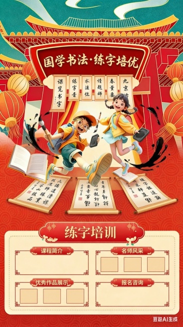 将此图修改为练字主题海报，保留国潮红色喜庆风格、城楼灯笼、小孩元素，添加适合练字培训的排版和空白文本框预览效果