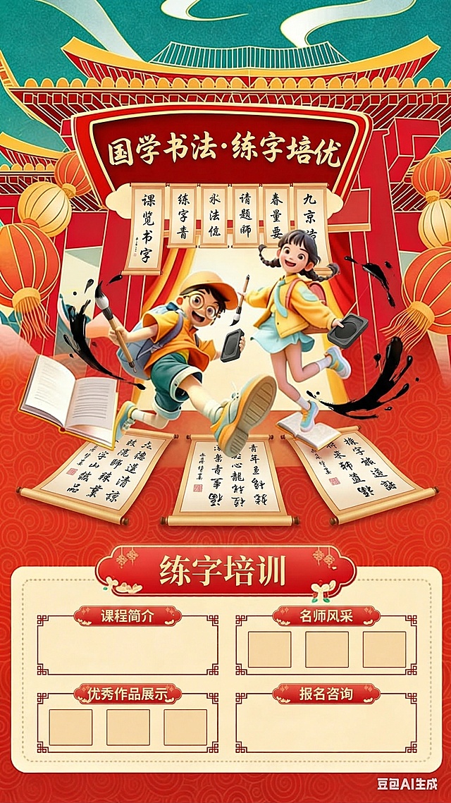 将此图修改为练字主题海报，保留国潮红色喜庆风格、城楼灯笼、小孩元素，添加适合练字培训的排版和空白文本框