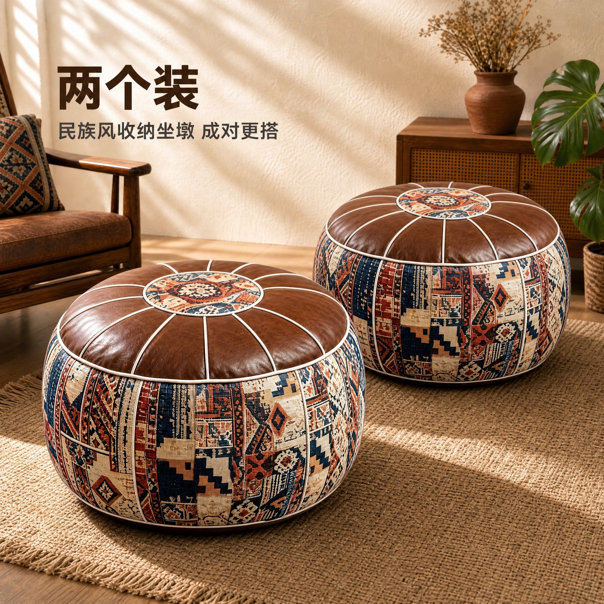[主图-2] 两个民族风收纳坐墩组合场景SKU图，展示两只产品… - 图片创意预览