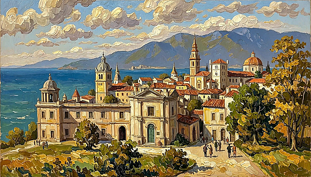 描绘海滨小镇建筑群与山海景色的油画风格画面，色彩丰富，适合文旅旅游宣传使用