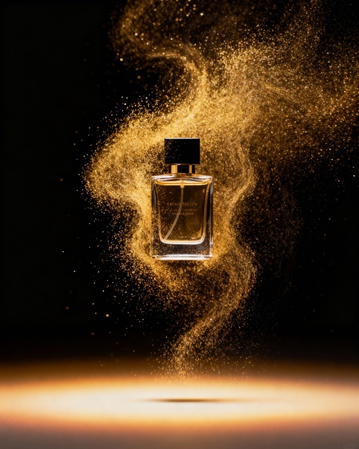 香水瓶特写，悬浮于黑色背景中，瓶身周围环绕金色粒子特效，底部有渐变光晕，突出产品高端奢华感和神秘气息预览效果