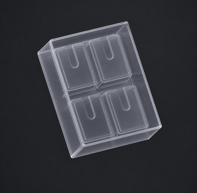 将这个3D模型的盒身换成和参考图一样的透明塑料材质，保持模型结构不变，深灰色背景，产品渲染图预览效果