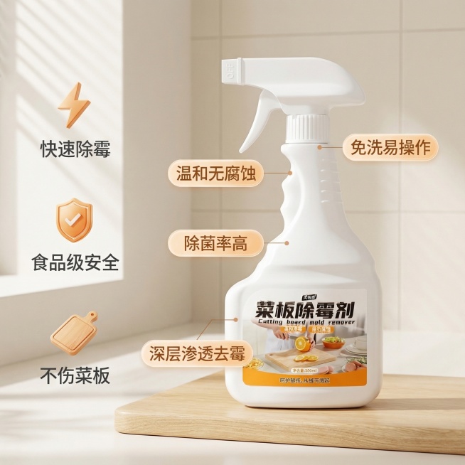 菜板除霉剂核心卖点图，明亮洁净风格，与重新生成的主图1光影风格统一。菜板除霉剂产品居中放置，外观与原图完全一致，周围以错落的胶囊形标签环绕展示卖点，标签为浅橙色半透明，白色文字，分别标注“深层渗透去霉预览效果
