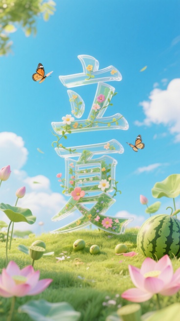 中央是字体设计“立夏”，立体透明大字，字体内部填充鲜花和少量藤蔓，蓝天白云背景，蝴蝶，底部是草地和荷花、莲子、西瓜，近景虚焦预览效果