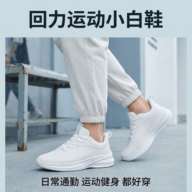 [主图 5] 回力白色运动鞋场景穿搭展示
[氛围风格] 潮流运动风，日常穿搭场景
[画面元素] 商业摄影质感、光线柔和通透、产品清晰真实、画面干净高级。模特（亚洲年轻男性，穿着休闲运动装）上脚展示回力预览效果