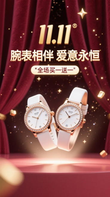 海报采用深邃的勃艮第酒红色背景，犹如天鹅绒幕布。画面中央，一道光束打下，聚焦于一对优雅交叉的男女款奢华腕表。表盘上的钻石与金属细节在光线下熠熠生辉，仿佛悬浮于璀璨星河之中。背景中若隐若现的金色光斑，如预览效果