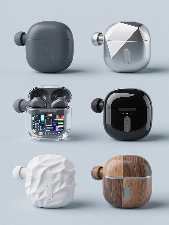 3D渲染风格的系列耳机产品展示图，纯色背景，六个完全不同材质的无线蓝牙耳机及其充电盒以规整网格排布。每个耳机造型各异：第一个为深灰色哑光塑料材质，简约流线型设计；第二个是银色金属拉丝质感，棱角分明的几何造型；第三个采用透明亚克力搭配内部彩色电路板，科技感十足；第四个为黑色光滑陶瓷材质，圆润饱满的复古造型；第五个是白色软质硅胶材质，带有不规则褶皱纹理的未来感设计；第六个为木纹拼贴材质，结合自然纹理与现代简约线条。所有耳机均保持入耳式设计和充电盒基本形态，但在细节轮廓、按键位置、指示灯设计上各具特色，整体光影统一，高光柔和，阴影细腻，呈现出专业产品渲染的精致质感和清晰细节。