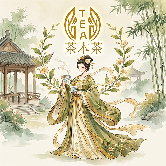 根据参考logo设计，生成一个茶类IP形象，以茶为主题，风格优雅清新，体现茶文化的东方韵味，保留茶本茶和TEA的文字设计元素