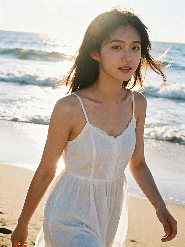 年轻女性身穿白色连衣裙，漫步在阳光明媚的海边，人像摄影风格，光线柔和自然，背景有海浪和沙滩，整体氛围清新治愈，高清质感