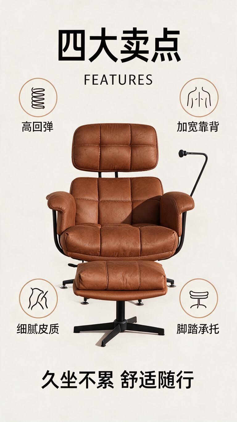 图生图模式：基于提供的焦糖色皮革休闲旋转椅产品图，重新制作为电… - 图片创意预览