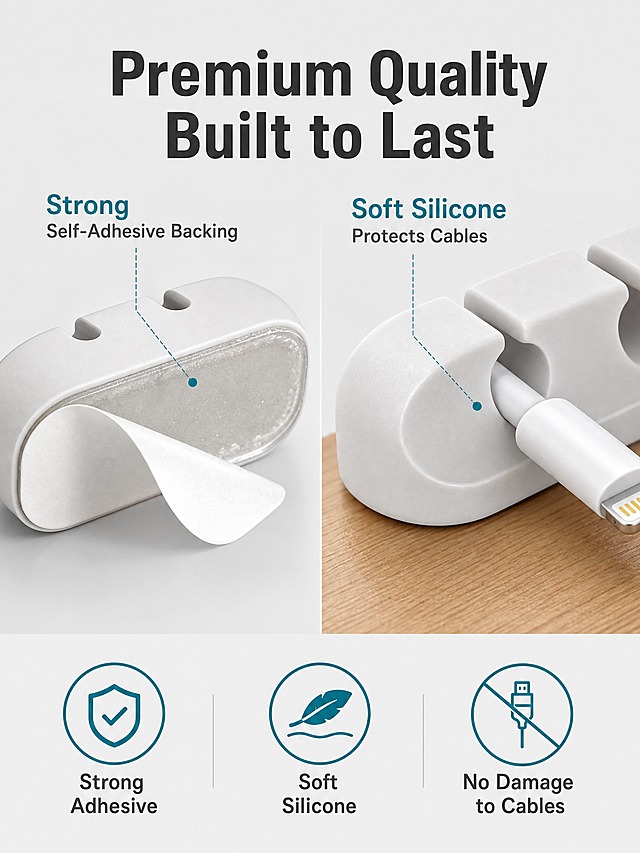 [主图-4] 7 Pack Cable Clips White Self-Adhesive Cord Organizer (1/2/3/4/5/6/7 Slots) 材质与安装细节图，展示自粘背胶和硅胶材质品质。
[统一基调] 亚马逊跨境信息图风格，浅灰色背景，标题用深灰色粗体无衬线字体，辅助文字用中灰色，强调色用清新蓝绿色，整体简洁克制。
[画面] 画面左侧为一个电缆夹的侧视特写，清晰展示底部的自粘背胶层，背胶纸掀起一角，露出透明强力胶层；右侧为电缆夹槽位的微距特写，展示柔软硅胶材质的光滑内壁和圆角设计，一根数据线轻轻卡入槽位中，体现不伤线的特点。背景为浅灰色，底部有一小块木质桌面作为语境参考。画面下方有3个小图标分别代表：Strong Adhesive、Soft Silicone、No Damage to Cables。
[光影质感] 微距摄影质感，侧逆光突出硅胶材质的柔软质感和背胶层的通透感，细节清晰，阴影柔和。
[配色] 浅灰背景，白色硅胶产品，透明背胶层，深灰标题，蓝绿色图标和强调色。
[文字版式] 顶部大号粗体标题"Premium Quality Built to Last"，左侧特写旁标注"Strong Self-Adhesive Backing"小字，右侧特写旁标注"Soft Silicone Protects Cables"小字，底部3个图标下方各配一行说明文字。
[输出要求] 比例3:4，文字清晰可读，产品细节清晰，无变形、错字、模糊、杂乱、水印、平台Logo。