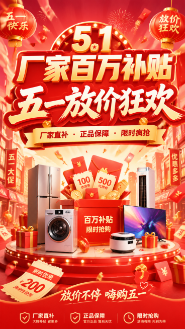五一促销海报，包含大字文案"厂家百万补贴"和"五一放价狂欢"，喜庆热闹的促销风格，红色暖色调，节日氛围，适合电商宣传预览效果