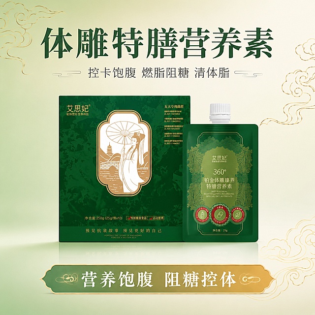 电商产品头图海报，体雕特膳营养素单品主图，新中式国潮风格，与参考图特膳单盒风格完全统一。画面中央展示体雕特膳营养素墨绿色包装盒与一袋吸吸装产品，产品外观、颜色、材质与输入产品图完全一致，墨绿色包装盒配金色仕女图案清晰完整，产品居中陈列，下方有倒影。背景为浅绿色到米白色渐变，左上角和右下角点缀金色简约祥云线条装饰，干净雅致。顶部大标题"体雕特膳营养素"，墨绿色粗体宋体大字，居中。下方小字副标题"控卡饱腹 燃脂阻糖 清体脂"，深灰色细体，居中，两侧有短横线装饰。底部有一条如意形装饰条，绿金渐变，白色文字"营养饱腹 阻糖控体"。整体画面简洁高级，商业摄影质感，光线均匀柔和，产品立体感强。正方形1:1构图，文字清晰可读，无水印。