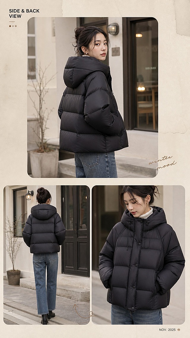 [商品] 使用【图1】黑色连帽短款羽绒服；商品处理：保留连帽抽绳、按扣门襟、插肩袖、横向绗缝方格、短款廓形、口袋、黑色面料颜色和蓬松质感；自然去除衣身杂乱褶皱，理顺垂坠，增强面料纹理、缝线、按扣和抽绳五金质感，不改变版型和结构。
[画面] 目标：模特补充姿态展示，呈现侧身与背面版型。构图：上下拼贴，上方大图为亚洲女模特侧身回望姿态（展示侧面廓形与连帽效果），下方左小图为背面全身（展示背部版型与绗缝线条），下方右小图为手部插兜的半身特写（展示口袋与袖口细节）；同一模特、同一套穿搭（内搭白高领+牛仔裤+短靴），背景为同一场景不同角度的冬日街景，保持视觉统一。
[视觉] 套系策略：风格=韩系简约高级商业摄影；标题字=现代无衬线粗体（思源黑体Heavy）；正文字=简洁无衬线体（思源黑体Regular）；主色=炭黑+米杏；背景延展=基于米杏、暖灰做深浅层级、同色渐变和细腻水泥/纸张质感；强调色=奶咖棕，仅用于小面积图标、引线和标签；标题色=深炭黑；正文色=中暖灰；组件=圆角浅底信息卡、细线引线、手写英文小字装饰；光影=冬日暖柔光，自然柔和阴影，画报拼贴感。
[文字] 左上角小号英文「SIDE & BACK VIEW」，右下角极小号日期风格装饰「NOV. 2025」；不添加中文卖点文字，文字不遮挡服装和人物主体。
[规格] 图片比例9:16竖版，4K，避免变形、错字、文字过小、冷蓝/蓝灰背景、衣服颜色改变、版型失真、绝对化用语。