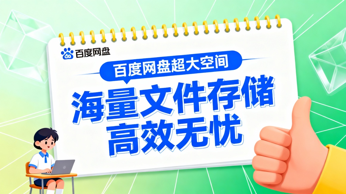 主体为一张仿笔记本纸张设计的白色卡片，顶部有黄色螺旋装订线，背景为淡绿渐变搭配几何线条与透明图案，营造清新自然的学习氛围。左上角“百度网盘”品牌标识清晰可见，卡片上方蓝色条幅内以白色字体提问“百度网盘预览效果