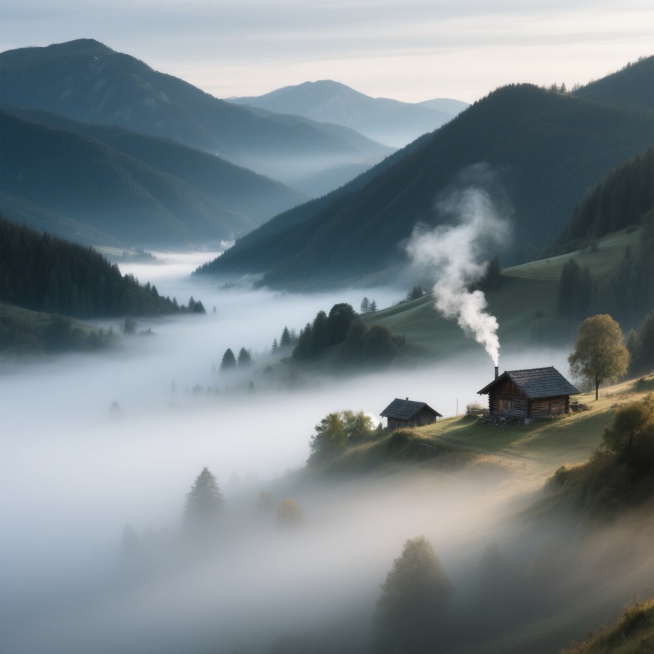 写实摄影风格自然风景，山间晨雾，清晨的山谷被轻柔的白雾笼罩，隐约可见错落的黛色山峦，山腰间的木屋飘着袅袅炊烟，画面朦胧静谧如诗如画预览效果