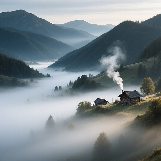 写实摄影风格自然风景，山间晨雾，清晨的山谷被轻柔的白雾笼罩，隐约可见错落的黛色山峦，山腰间的木屋飘着袅袅炊烟，画面朦胧静谧如诗如画