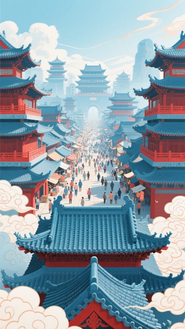 中国风插画，以青蓝色为主色调，搭配朱红色点缀，展现古代建筑群的宏大场景，前景是层次分明的宫殿屋顶，飞檐翘角，瓦片纹理清晰，两侧环绕着云朵装饰，中景是热闹的街市，人流涌动，远处是错落有致的楼阁，整体画面采用对称构图，色调清新雅致，营造出宁静而庄重的氛围，保留古建筑的细节特征，增强色彩对比度，使画面更具视觉冲击力。预览效果