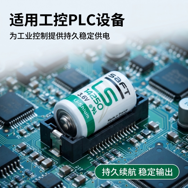 [主图-4] SAFT LS14250锂电池适用场景展示
[氛围风格] 专业工业科技场景，真实可信
[画质] 超写实商业渲染质感，场景清晰真实，产品突出
[元素] 产品放置在工控PLC设备的主板插槽旁预览效果